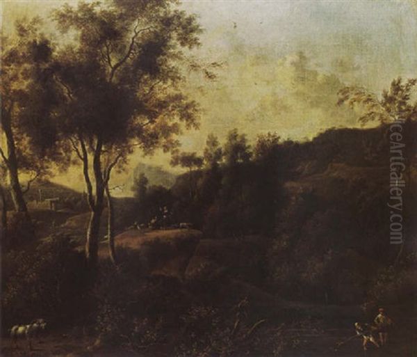 A Southern Wooded Landscape With Fishermen In A Stream And Shepherds With Their Head In The Background - view 1