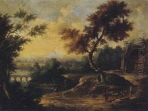 An Extensive River Landscape With Figures By Classical Ruins, A Bridge Beyond