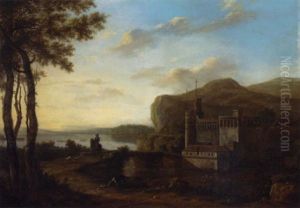 A River Landscape With A Horseman And Dogs Crossing A Bridge, A Castle Beyond A River Landscape With A Horseman And Dogs Crossing A Bridge, A Castle Beyond