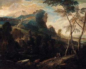 A Mountainous River Landscape With Travellers Crossing A Bridge And A Herd by Frederick De Moucheron