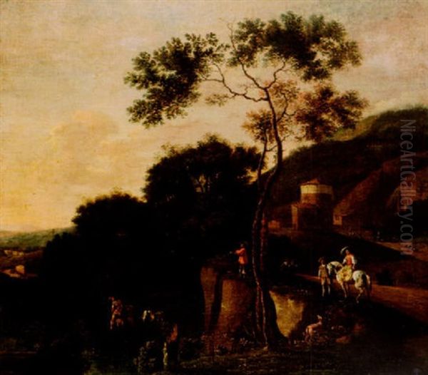 Elegant Figures By A River With A Turreted Building Beyond - view 1