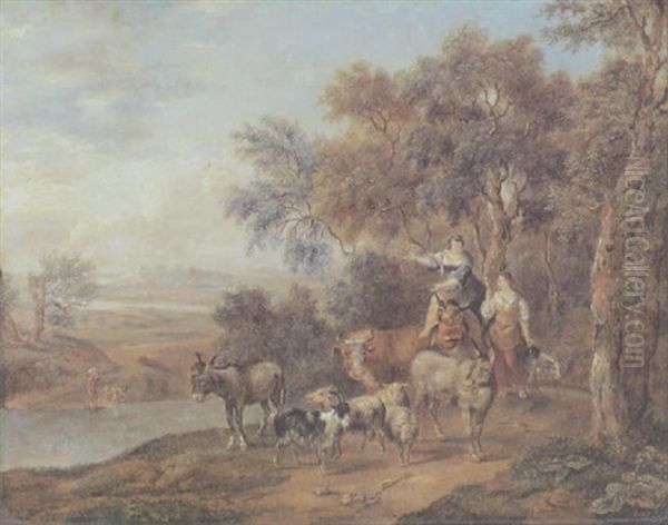 Tierherde Mit Zwei Hirtinnen In Weiter Landschaft - view 1