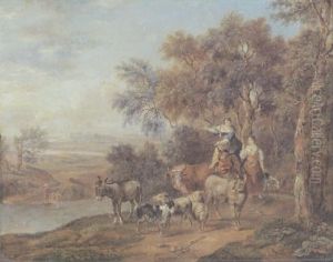 Tierherde Mit Zwei Hirtinnen In Weiter Landschaft