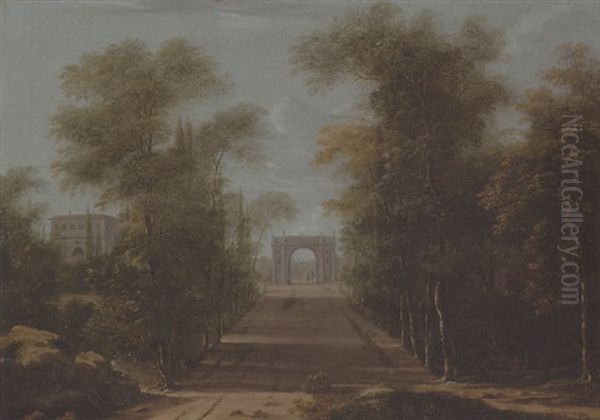 An Italianate Landscape With A Triumphal Arch And A Villa Near An Avenue Of Trees - view 1
