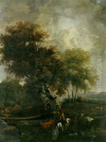 An Extensive Landscape With Travellers And A Shepherd By A Stream - view 1