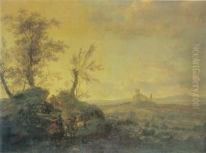 An Extensive Mountainous Landscape With A Cavalry Skirmish, A Ruined Castle Beyond by Frederick De Moucheron