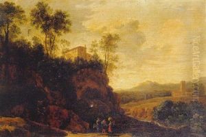 Paisaje Italiano Con Campesinos En Un Sendero, Un Saliente Costero Y Un Monasterio En La Cima