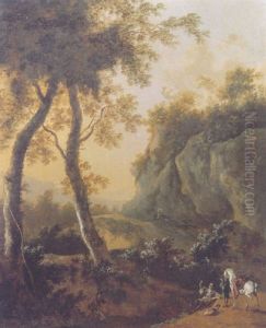 A Sportsman Blowing Horn While Resting On A River Bank In An Italianate Landscape At Sunset by Frederick De Moucheron