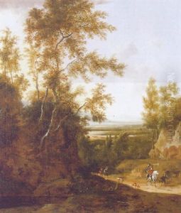 An Evening Wooded Landscape With A Hawking Party On A Country Path, A River Valley And Mountains Beyond