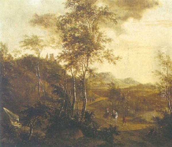 An Italianate Landscape With Travellers On A Path, Near A Waterfall - view 1