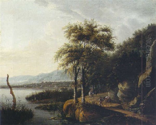 A Rocky River Landscape With A Horseman And Travellers On A Track And Bridge - view 1