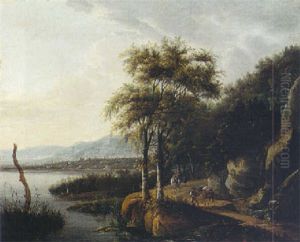 A Rocky River Landscape With A Horseman And Travellers On A Track And Bridge by Frederick De Moucheron