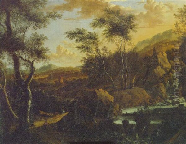 A Mountainous Italianate Landscape With Travellers On A Path Near A Waterfall - view 1
