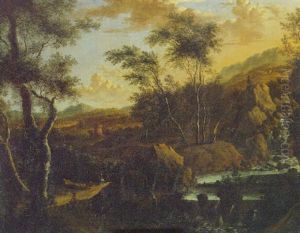 A Mountainous Italianate Landscape With Travellers On A Path Near A Waterfall by Frederick De Moucheron