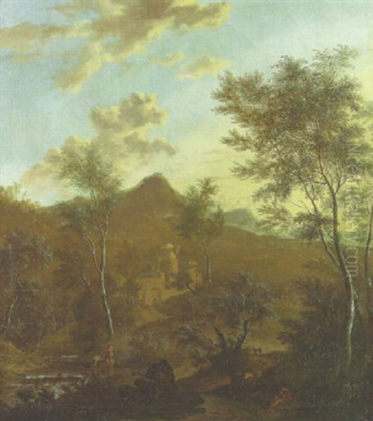 An Italianate Landscape With A Fortified Village And Fishermen By A Rapid, A Herdsman In The Foreground - view 1
