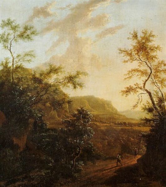 Travellers On A Sandy Track On A Mountain Pass, A River Valley Beyond At Sunset - view 1