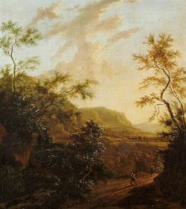 Travellers On A Sandy Track On A Mountain Pass, A River Valley Beyond At Sunset by Frederick De Moucheron