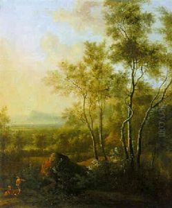 Italianate Wooded Landscape With Travellers Resting, Mountains Beyond by Frederick De Moucheron