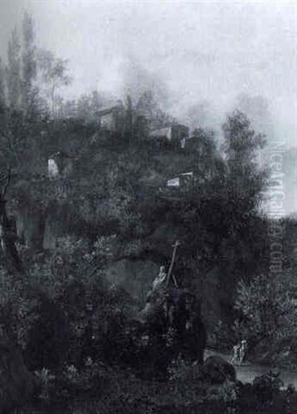Travellers On A Hilltop Pasing A Hermit In An Italianate Landscape - view 1