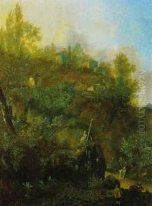 Bewaldete Gebirgslandschaft Mit Eseltreiber Und Einem Moench