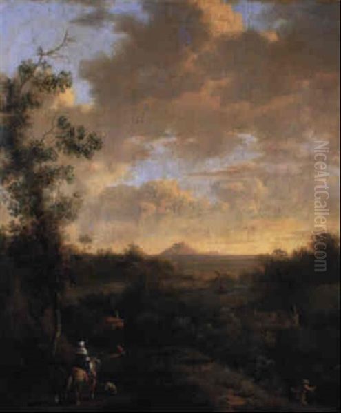 Hugelige Landschaft Mit Reiter, Am Flus Angler - view 1