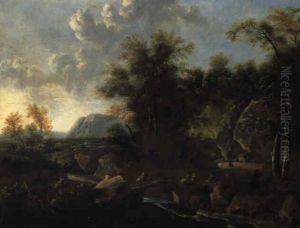 Grose Sudliche Waldlandschaft Mit Reitern Bei Sonnenuntergang by Frederick De Moucheron