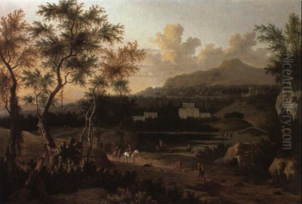 Wooded Evening Italianate Landscape With A Hawking Party - view 1