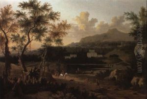 Wooded Evening Italianate Landscape With A Hawking Party