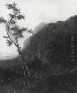 A Shepherd And His Companion Crossing A Bridge by Frederick De Moucheron
