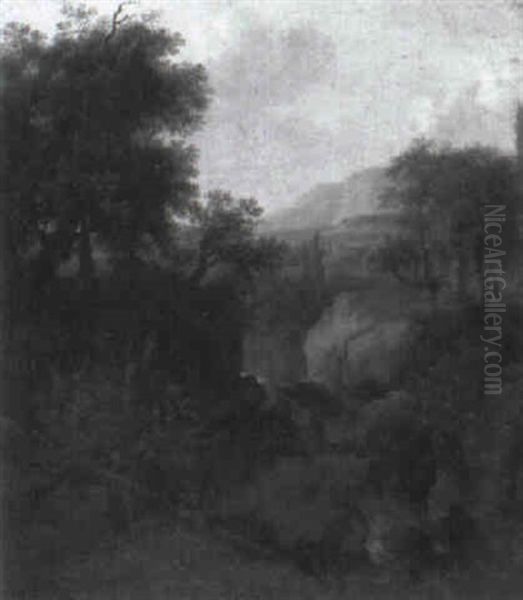 A Wooded River Landscape With Travellers In A Gorge - view 1