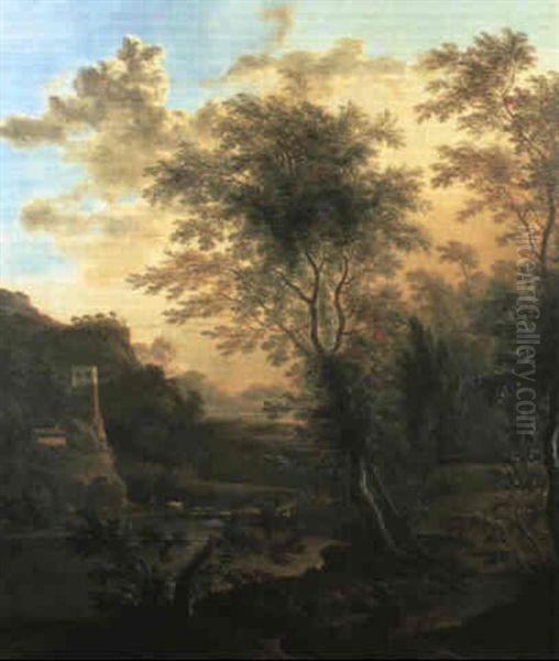 An Evening Italianate Landscape With A Cattle Drover Fording A Stream, A Ruined Tower And Mountains Beyond - view 1