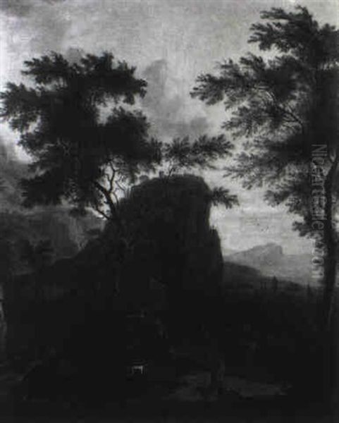 Paysage Accidente Avec Chasseur, Cavalier Et Villageois Sur Un Chemin Creux - view 1