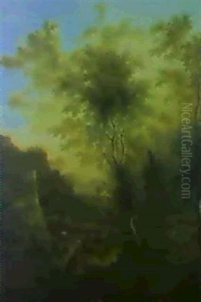 An Evening Italianate Landscape With A Cattle Drover Fording A Stream, A Ruined Tower And Mountains Beyond - view 1