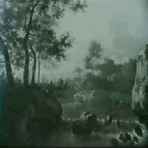 Herdsmen Watering Their Animals At The Edge Of A River      Between Two Waterfalls by Frederick De Moucheron