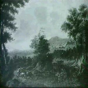 Horsemen Leading Their Pack Animals Along A Riverside Path In An Extensive Landscape by Frederick De Moucheron