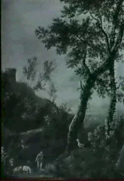 Hilly Southern Landscape With Figures On A Path Near Trees - view 1