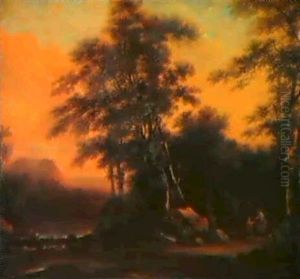 Bewaldete Flublandschaft Mit Reisenden Bewaldete Flublandschaft Mit Reisenden