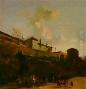 Figures And Animals At The Gate Of An Italianate Hill Town by Frederick De Moucheron