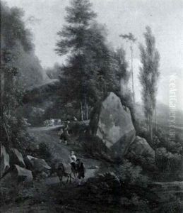 Mountainous Landscape With Figures On A Path With Animals by Frederick De Moucheron