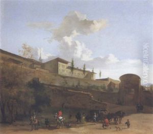 Figures And Animals At The Gate Of An Italian Hill Town