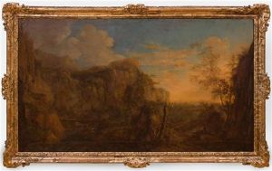 A Southern Mountainous Landscape With Herdsmen And Their Flock Near A Waterfall, A Tower In The Distance
