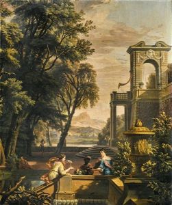 A Park Landscape With Figures Making Music; And A Coastal Landscape With Figures By A Fountain Near A Portico