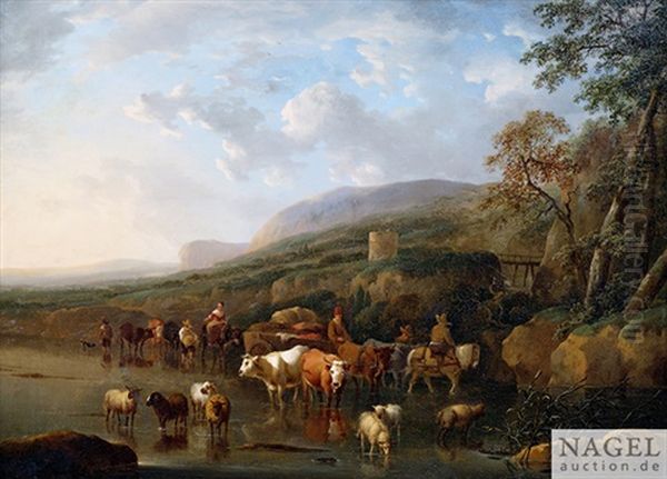 Hirten In Einer Furt Vor Weiter Landschaft Im Abendlicht - view 1