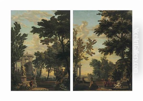An Italianate Garden With Figures; And An Italianate Garden With Figures By A Fountain - view 1