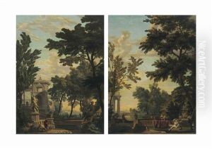 An Italianate Garden With Figures; And An Italianate Garden With Figures By A Fountain by Isaac de Moucheron