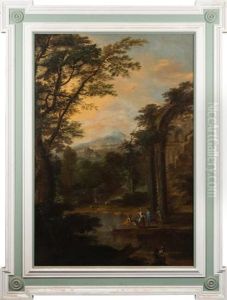 An Upland Italianate Landscape, Elegant Figures And Classical Ruins In The Foreground, A View To A Hilltop Fortification Beyond