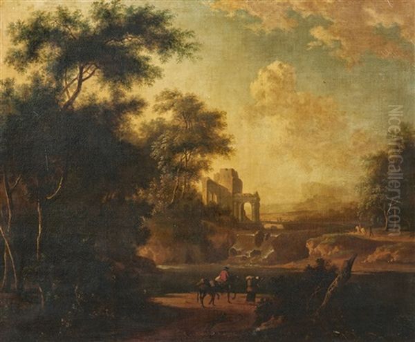 Southern Landscape With Ancient Ruins And Travellers - view 1