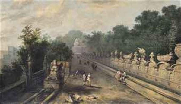 Elegant Figures Conversing On A Classical Promenade - view 1
