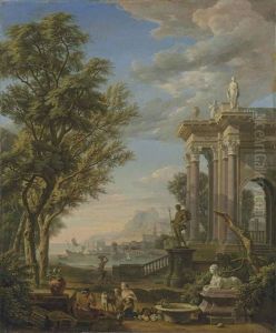 An Italianate Landscape With Figures Resting By A Fountain And A Classical Building, A Port Beyond