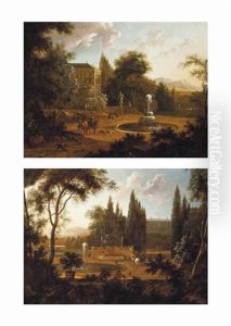 A Hunting Party Beside A Fountain (+ Elegant Company Beside A Fountain With Hounds Drinking Water; Pair) by Isaac de Moucheron